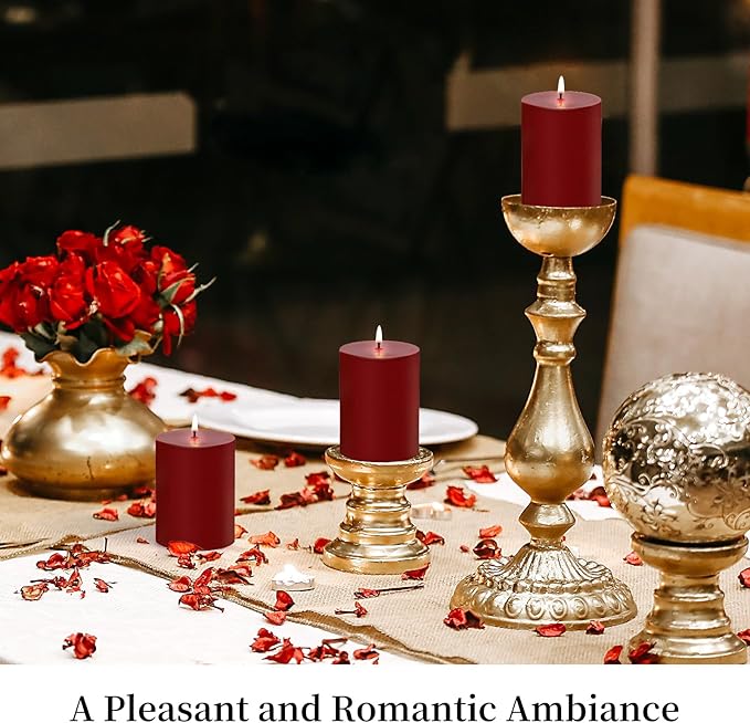 KONNI Dark Red Pillar Candles Set of 3, 3"x 3" Unscented Pillar Candles Bulk, 30 Hours Long Burning Candles, Smokeless&Dripless Large Round Candle for Wedding, Home Decoration, Parties, Spas, Dinner