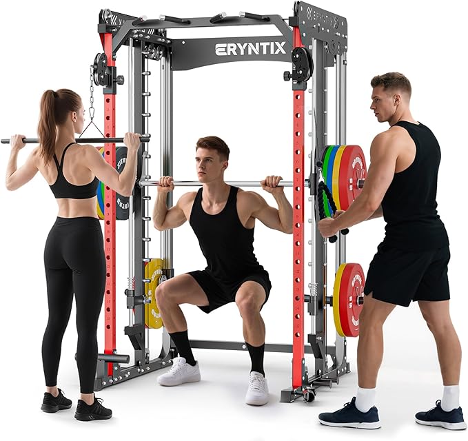 Smith Machine Home Gym for Strength Training, All-in-One Power Cage with Cable Crossover, Squat Rack, LAT Pulldown, Pull-Up Bar, 2600LBS Capacity Gym System with 18 Attachments