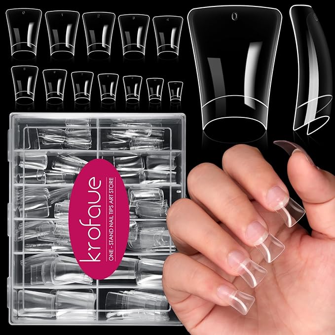 krofaue Duck Nail Tips - 240pcs Clear Soft Gel Curved Nail Tips 12 Sizes Crystal Duck Feet Style Half Cover False Nails Extra Wide French Nails with Box for DIY Salon