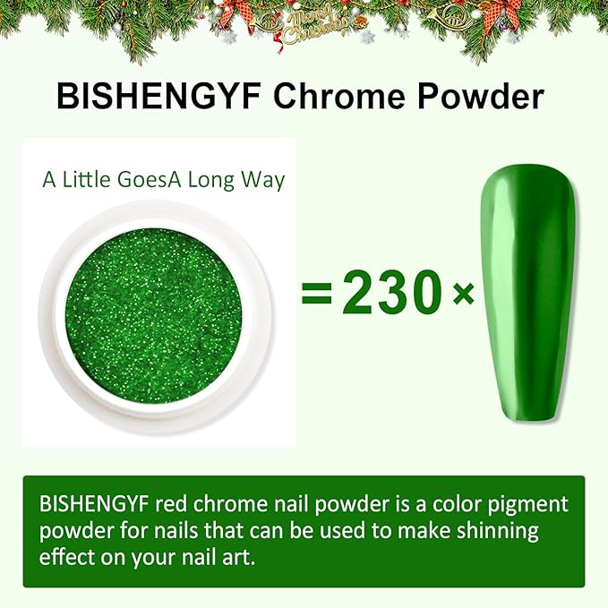 Green Chrome Nail Powder - Holographic Mirror Metallic Effect Powder For Christmas DIY Nail Art