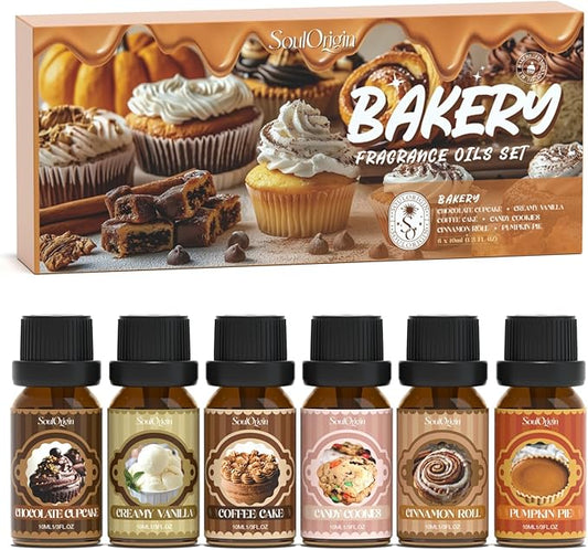 Bakery Essential Oils Set, Fragrance Oil Set for Diffuser, Scent Diffuser Oil for Candle Making- Chocolate Cookies, Creamy Vanilla, Coffee Cake, Pumpkin Pie, Candy Cookies, Cinnamon Rolls