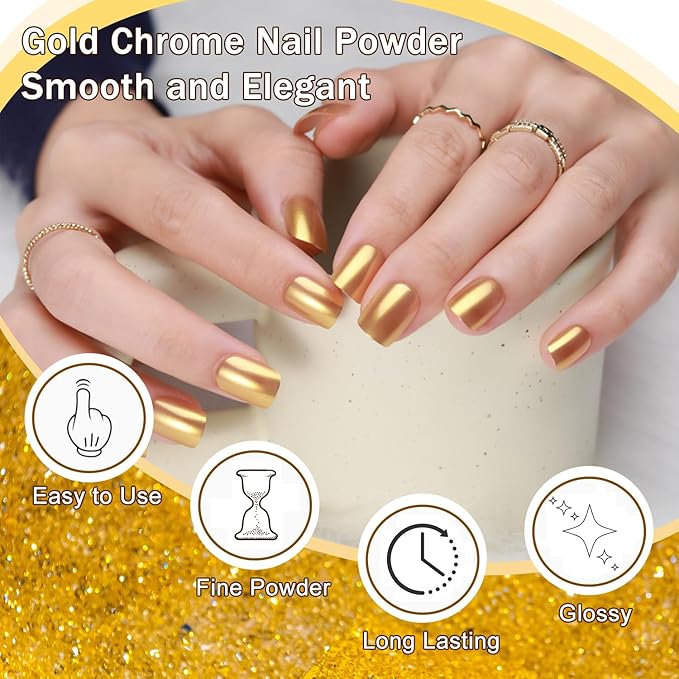 Gold & Silver Chrome Nail Powder - 4 Jar Metallic Mirror Effect Chrome Powder for Gel Nails, Nail Decoration Glitter Dust for Nail Art
