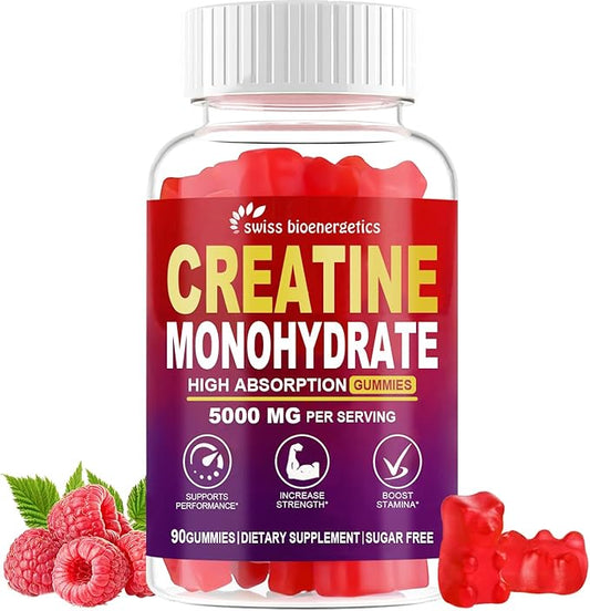 Creatine Monohydrate Gummies Infused with 5g Creatine for Men and Women, Chewable Creatine Monohydrate for Muscle Strength, Muscle Builder, Energy Boost, Pre-Workout Supplement-Raspberry 90 Count