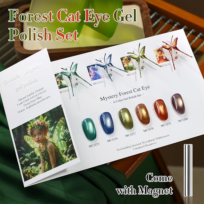 Double Rhythm Cat Eye Gel Nail Polish Set of 6 Same Color Same Bottle 0.5 Oz Shimmer Glitter with Magnet Holographic Reflective Magnetic UV Nail Polish Kit at Home (Green Navy Blue Black-T6-61)