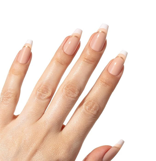 French Tip Press-On Nails – Hard Candy Glossy Gel-Shine False Nail Kit with Nail Glue, 30 Pieces, Reusable (Gold, Long)