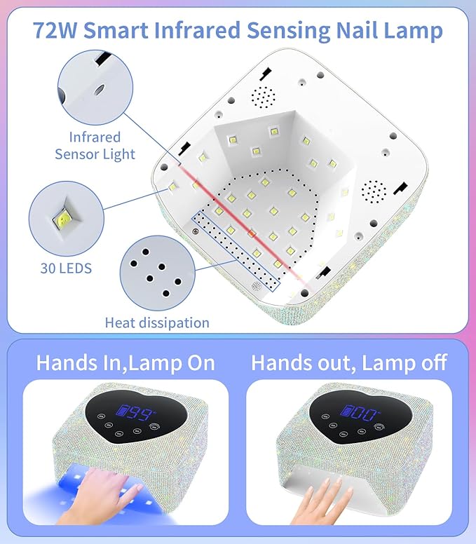 Cordless UV Nail Lamp for Gel Nails 72W, Rechargeable Diamond LED Nail Dryer with 5 Timer Setting, Touch Control & Auto Sensor, Fast Nail Light Curing Lamp for Salon & Home