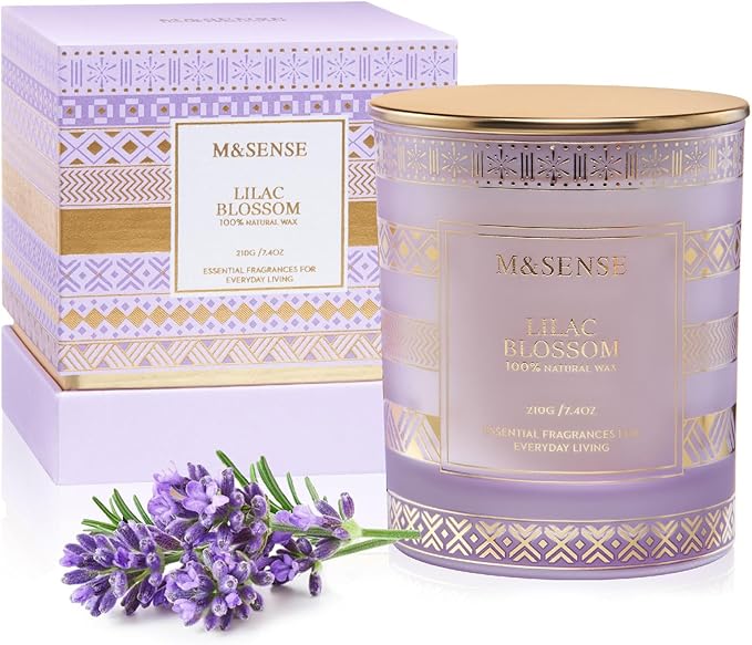 M&SENSE Lilac Blossom Soy Candles for Home Scented, 7.4oz 45 Hour Long Burning Aromatherapy Candle for Stress Relief Meditation Yoga Relaxing SPA, Christmas Thanksgiving Halloween Gifts for Her