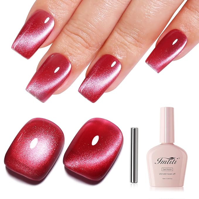 Imtiti Red Cat Eye Gel Nail Polish with Magnet, Holographic Glitter Shimmer Magnetic UV Gel Polish for Nail Art Soak off UV Led