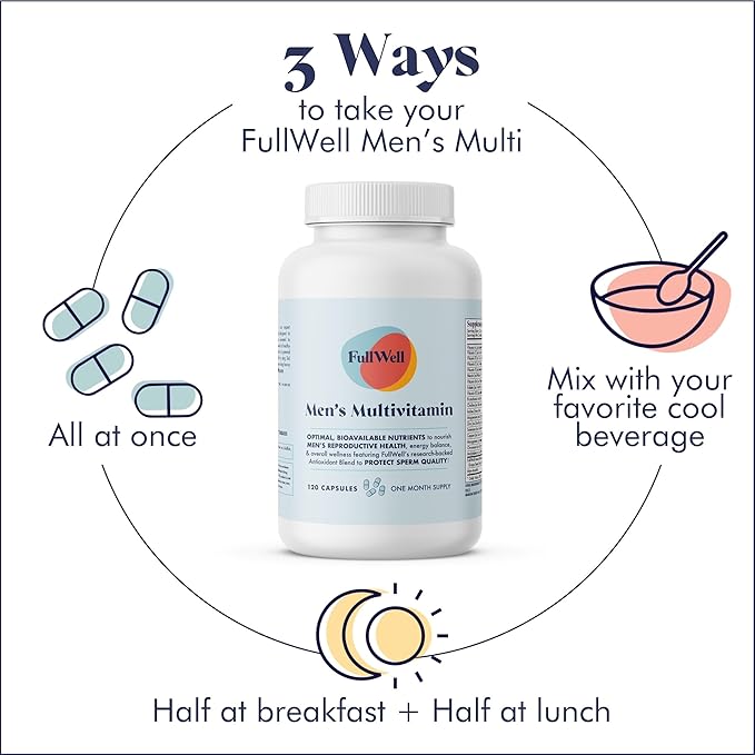 FullWell Men's Daily Multivitamin with Vitamin D, Antioxidants, Choline, and B Vitamins for Optimal Sperm Quality, Hormone Health, and Overall Male Fertility, 3rd Party Tested, 30 Servings