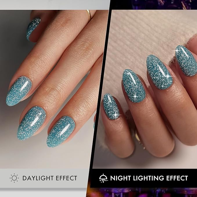 Glitter Peacock Blue Press on Nails Almond Short with Sparkling Diamond - Soft Gel Fake Nails for Women Gift, Glossy Stick On Nails with Glue in 16 Sizes - 32 Reusable Nails, Peacock Blue