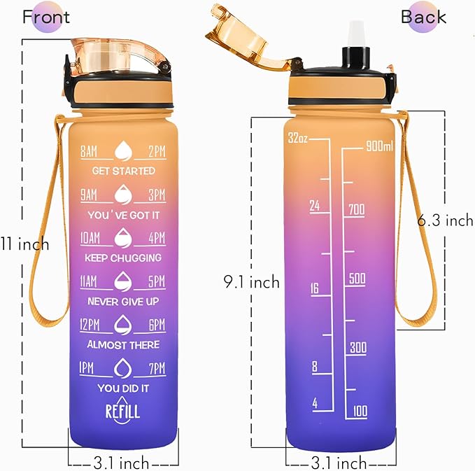 Enerbone Water Bottle, Leakproof BPA & Toxic Free, Motivational Water Bottle with Times to Drink and Straw, Fitness Sports Water Bottle with Strap for Office, Gym, Outdoor Sports