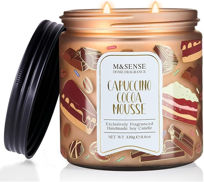 M&SENSE Coffee Candles Cappuccino Cocoa Scented, Soy Based Wax 11.6oz 70 Hours Non Toxic Slow Burn, Double Wick Highly Scented Chocolate Candles for Relaxation, Holiday Gifts for Coffee Lover