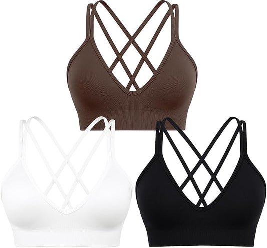 Sports Bra for Women V-Neck Strappy Criss Cross Yoga Bra Padded Medium Support Workout Gym Athletic Fitness Bras 3 Pack