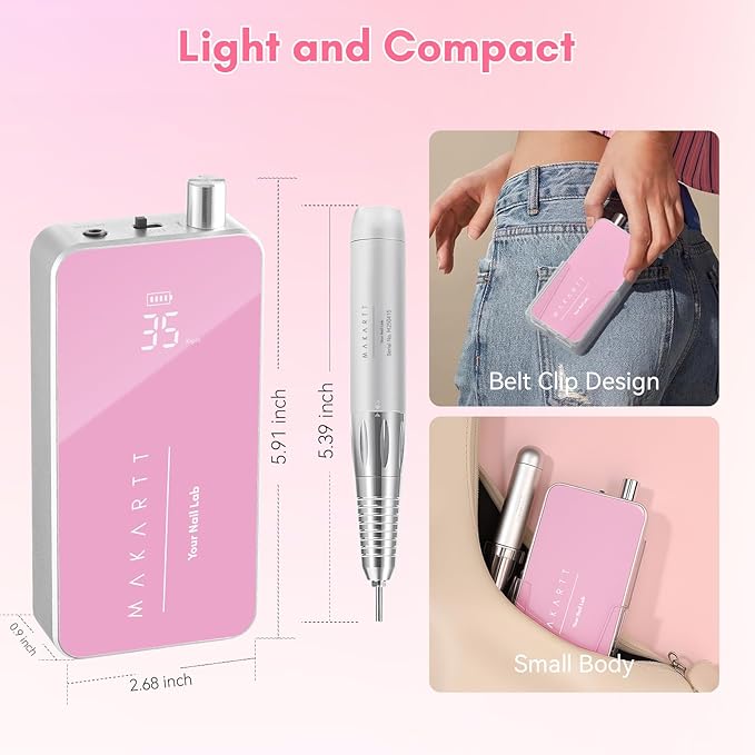 Makartt Nail Drill Professional: 60W 35000RPM Electric Nail File with Coreless Motor, 2 in 1 Desktop & Portable, Drill Bits and LCD Display for Acrylic Gel Nails, Nouvella Pink