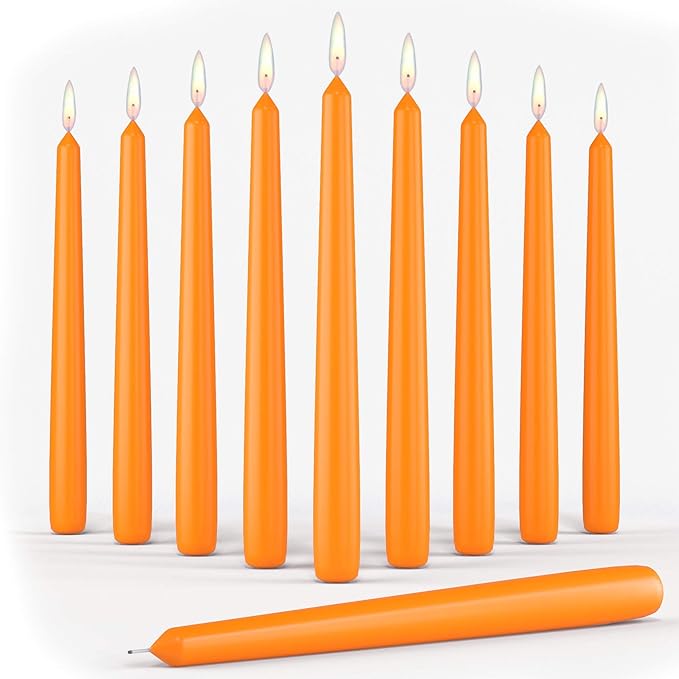 Melt Candle Tall Taper Candles, 10 Pack - Orange Candle Sticks, 10" W/ 8 Hour Burn Time - Dripless, Unscented Candles for Dinner - Wax Candle