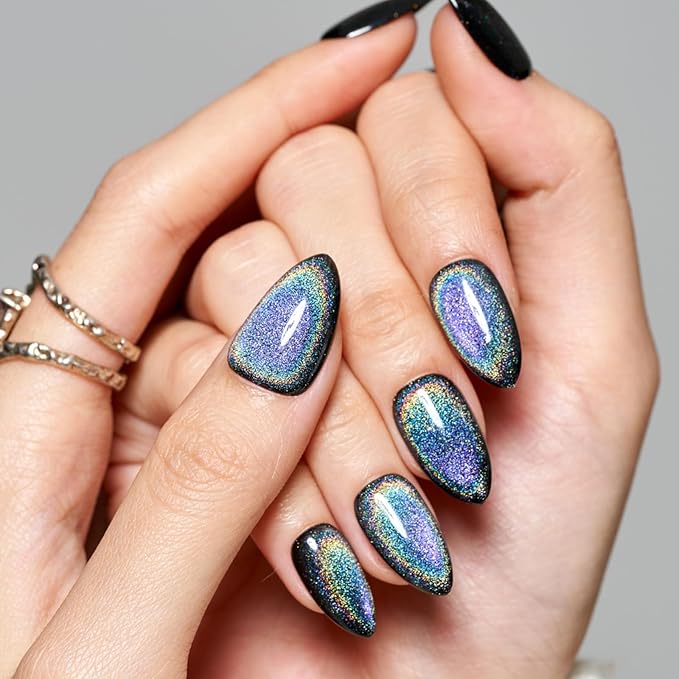 GLAMERMAID Black Blue Magnet Cat Eyes Press on Nails Short Almond, Laser Rainbow Handmade Gel Fake Nail Kit, Ombre Glitter Magnetic Glue on Nail Stiletto, Medium Oval Stick on False Nail Set for Women