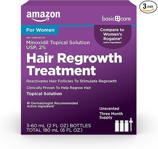 Amazon Basic Care Minoxidil Topical Solution USP, 2% Hair Regrowth Treatment for Women, 3-Month Supply, Unscented, 2 fl oz (Pack of 3)