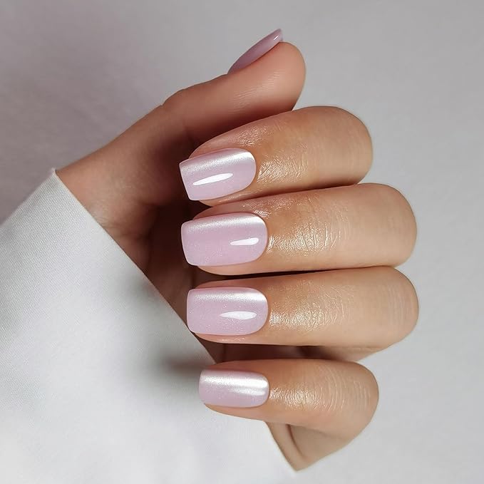 Pink Cat Eye Press on Nails Square - Soft Gel Press on Nails Short for Women Gift, Fit Perfectly & Natural Stick on Nails with Glue in 16 Sizes - 32 Reusable Fake Nails, Light Pink