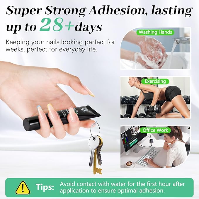 Nail Glue & Nail Glue Remover for Press On Nails, 10g Semi Sold Glue No Curing Needed, 10ml Gentle Quick Remove Not for Gel Polish Base Coat, Upgraded Long Lasting 28+ Days Fake Acrylic Tips