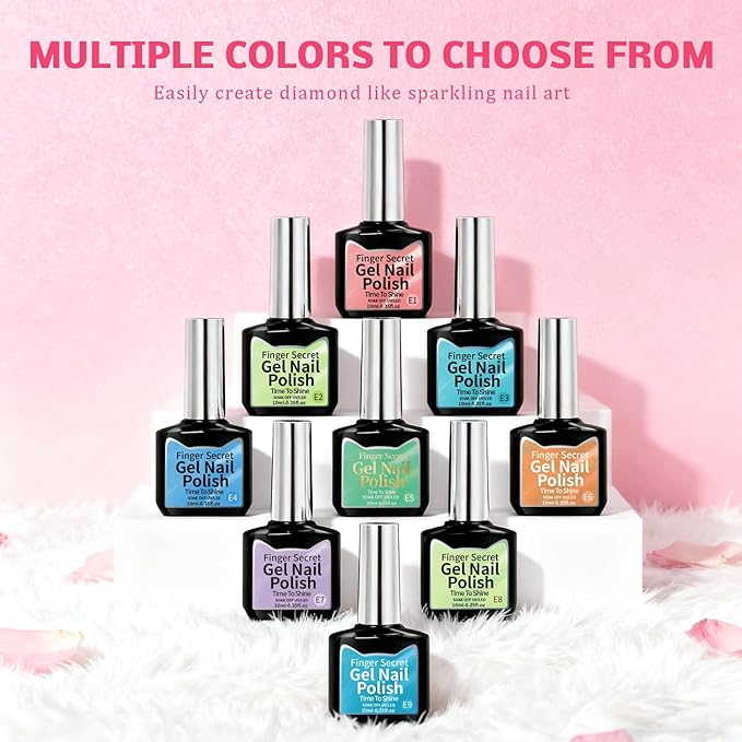 Gel Nail Polish Set, Cat Eye Gel Polish Kit, Holographic Reflective Magnetic Shimmer Glitter Red Green Blue Nail Art, Manicure Salon DIY Gifts, Soak Off, UV/LED Cured (9 Colors E)