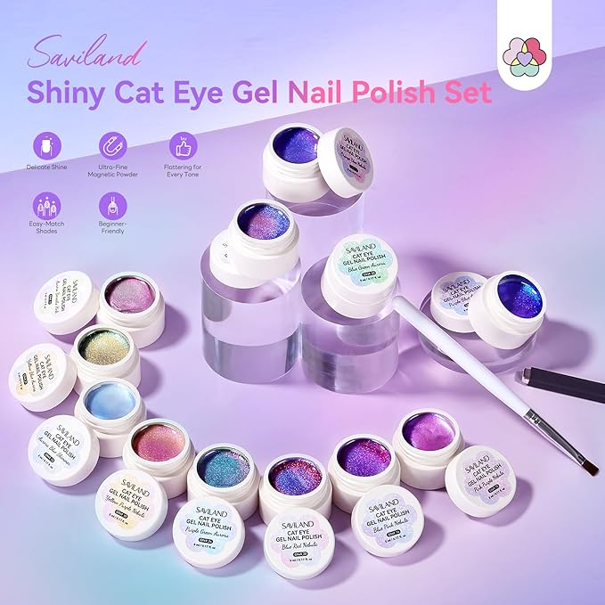 SAVILAND Cat Eye Gel Nail Polish Set: 2026 12 Colors 5ml Crystal Shiny Gloss Cateye Gel Polish Art Pen Aurora Borealis Pink Blue Magnetic Gel Polish Glitter Gel Nail Polish Gifts Home DIY