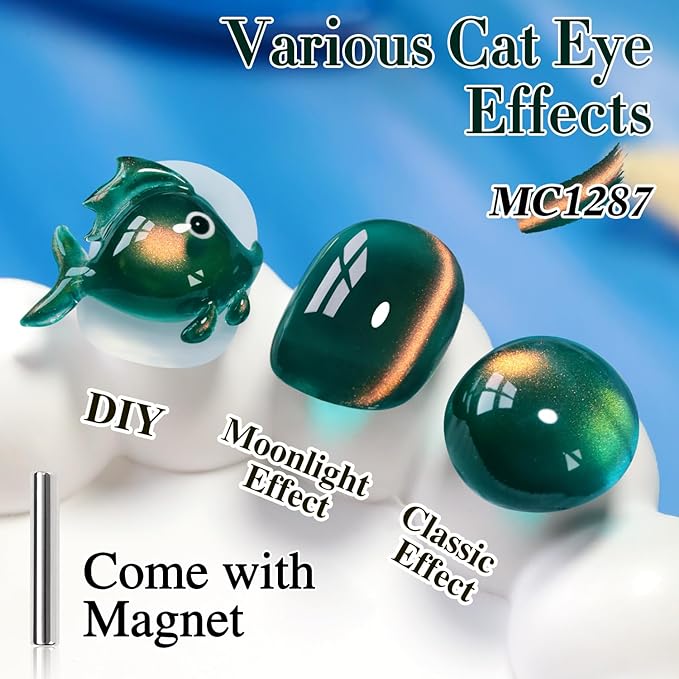 Double Rhythm 0.5 OZ Cat Eye Gel Polish with Magnet 15ML Holographic Glitter Shimmer Translucent Jelly Color Magnetic Nail Polish Salon DIY at Home (Golden Green-MC1287)