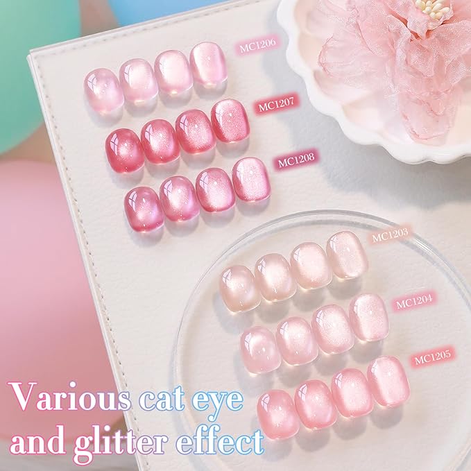 Double Rhythm 0.5 OZ Cat Eye Gel Polish with Magnet 15ML Holographic Glitter Shimmer Translucent Jelly Color Magnetic Nail Polish Salon DIY at Home (Red Pink-MC1207)