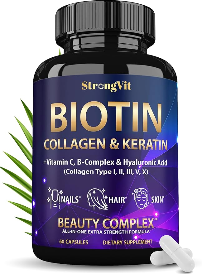 Biotin with Hyaluronic Acid, Keratin, and Collagen Supplements - Hair Growth Vitamins for Women, Healthy Nails and Skin, B1, B2, B3, B6, B7 Complex, USA