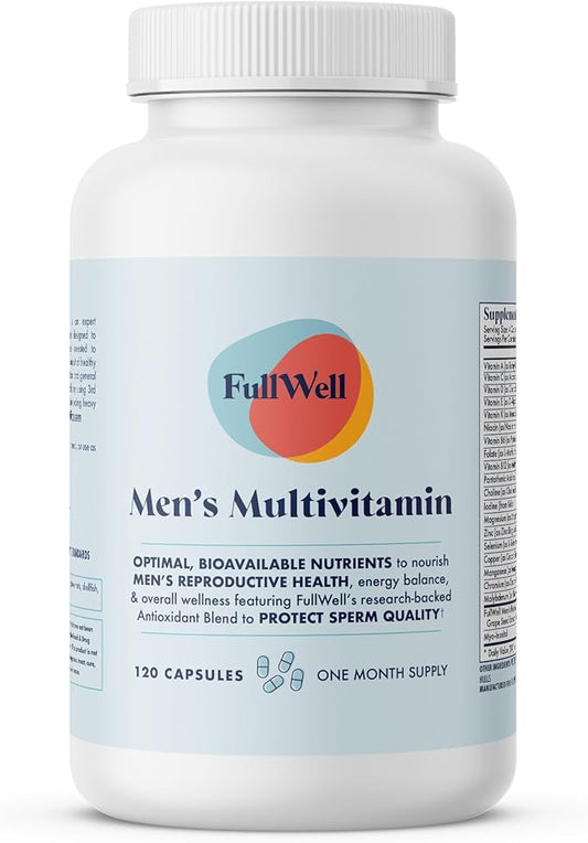 FullWell Men's Daily Multivitamin with Vitamin D, Antioxidants, Choline, and B Vitamins for Optimal Sperm Quality, Hormone Health, and Overall Male Fertility, 3rd Party Tested, 30 Servings