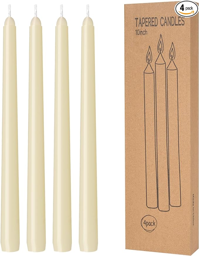 4 Pack Ivory Taper Candles - Taper Candles 10 Inch Dripless, Smokeless & Unscented - 8 Hours Long Burning - Hand Poured Tall Candlesticks - Ideal for Weddings, Dinner Parties, and Home Decor
