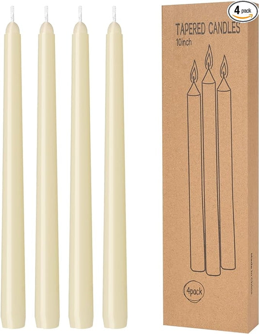 4 Pack Ivory Taper Candles - Taper Candles 10 Inch Dripless, Smokeless & Unscented - 8 Hours Long Burning - Hand Poured Tall Candlesticks - Ideal for Weddings, Dinner Parties, and Home Decor