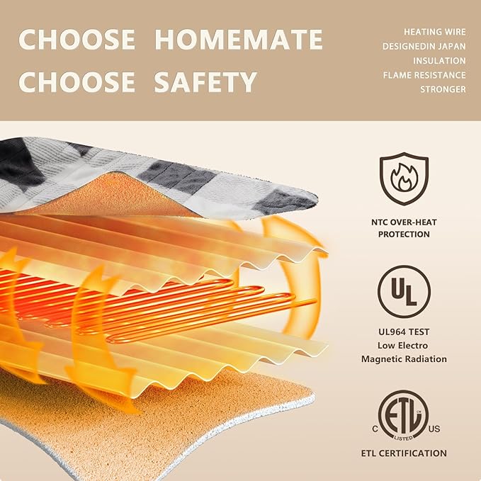 Homemate Electric Blanket Heated Queen Size - 84“x90“ Ultra Soft Cozy Flannel Heating Blanket with 10 Fast Heat Levels 8 Hours Auto Off Over-Heated Protection ETL Certification Keep Warm in Home