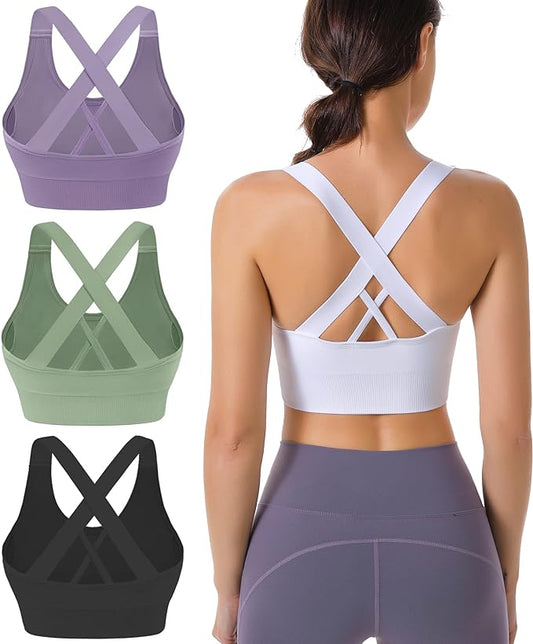 Evercute Sports Bra for Women Padded Medium Support Criss Cross Strappy Bras Seamless High Impact Yoga Exercise Athletic Bras