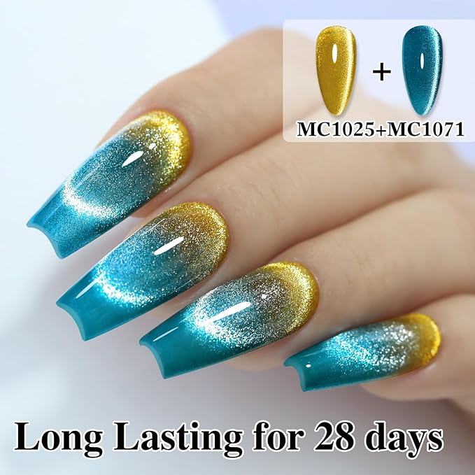 Double Rhythm 0.5 OZ Cat Eye Gel Polish with Magnet 15ML Holographic Glitter Shimmer Translucent Jelly Color Magnetic Polish Salon DIY at Home (Teal-MC1071)