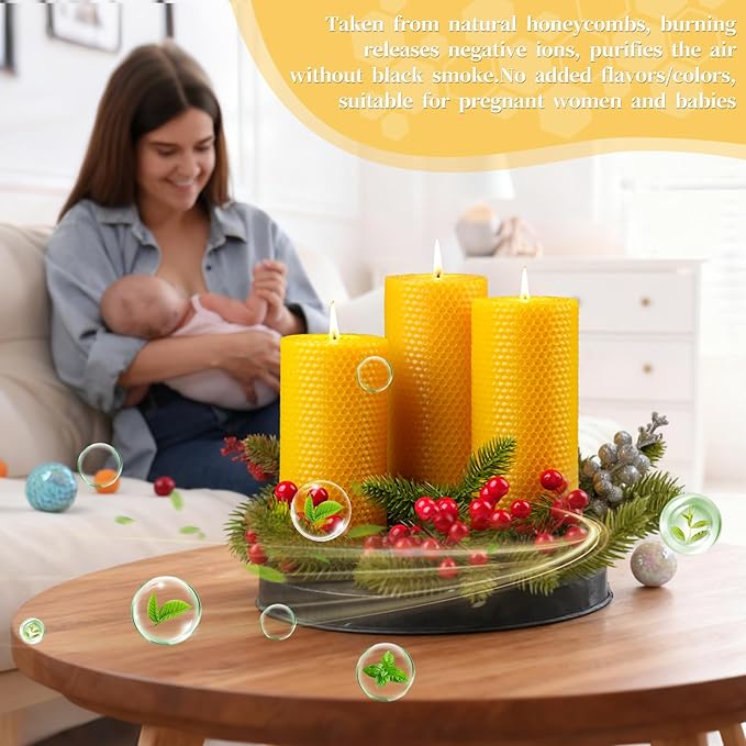 6 Pack Natural Beeswax Pillar Candles,2.8x6in Handmade Beeswax Rolled Candles,258 Hours Long Burning Honeycomb Bees Wax Candle for Gift & Home Decor,Dripless Smokeless Unscented