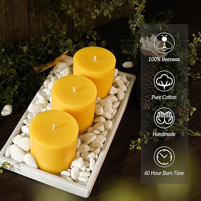 3x3 inch Natural Yellow Beeswax Pillar Candles - 3 Pack - 100% Pure Beeswax Candles, Long Burning, Unscented Smokeless & Dripless, for Emergency, Prayer, Home Decor, Relaxation