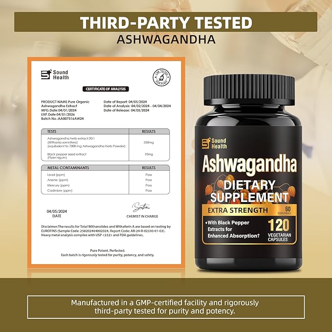 SoundHealth Organic Ashwagandha Capsules Supplement - 7000mg Herb Powder Equivalent per ，Immune Support, Hormone Balance - Enhanced Nutrient Absorption - 120 Capsules (60 Servings)