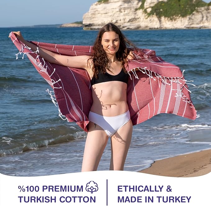 Turkish Beach Towels, Pack of 4 | Oversized, Quick Dry, Sand Free | 100% Cotton, Large 38x71 Towels for Beach, Pool, Travel | Ultra-Soft, Compact, and Absorbent | Burgundy