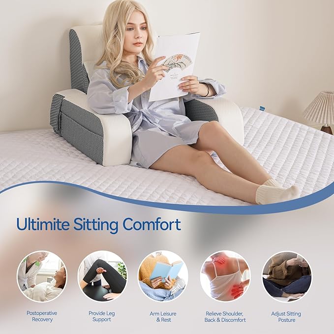 Kayfia Reading Pillow, 10 in 1 Back Pillow for Bed Sitting up with Detachable Arms Rest, Back Rest Pillow with Gel Memory Foam, Husband Pillow for Reading/Gaming/Working in Bed or Couch 19", White