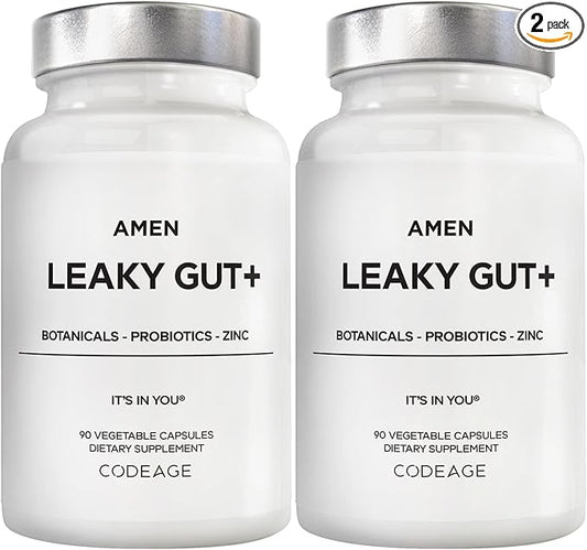 Amen Leaky Gut Supplement - Advanced Formula with Bioavailable L Glutamine, Zinc, Turmeric, DGL Licorice Root - Marshmallow Root - Probiotics & Fermented Prebiotics - Vegan, Non-GMO - 2-Pack
