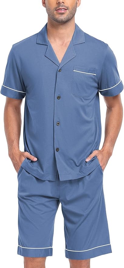 COLORFULLEAF Men's 100% Cotton Short Sleeve Pajama Sets Button Down Notched Collar Sleepwear Soft Lounge Pjs with Pockets