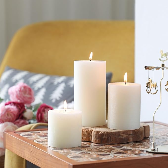 3x4 Inch White Pillar Candles - Set of 3, Hand-Poured Unscented, Long Burning, Smokeless Dripless for Dinner Table, Wedding, Home, Bathroom, Rustic Decor