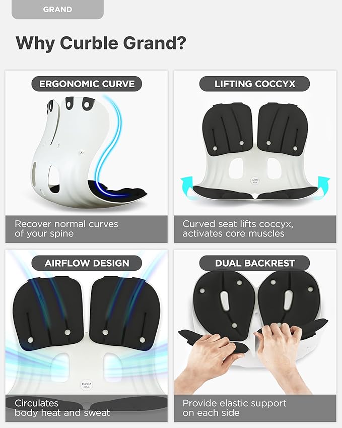 Curble GRAND(Extra Wide & Sturdy) – Ergonomic Chair Back Support, Lumbar Support for Good Posture Correction and Back Pain Relief, Perfect for Office Chair, Floor Seat, Work from Home, Patented(Black)
