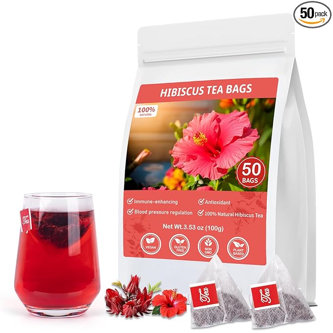 Hibiscus Tea Bags, 100% Natural Hibiscus Flowers Herbal Tea Supports Heart Health, Boosts Immune，Caffeine Free, Non-GMO, No Sugar（1 Pack/50 Bags)