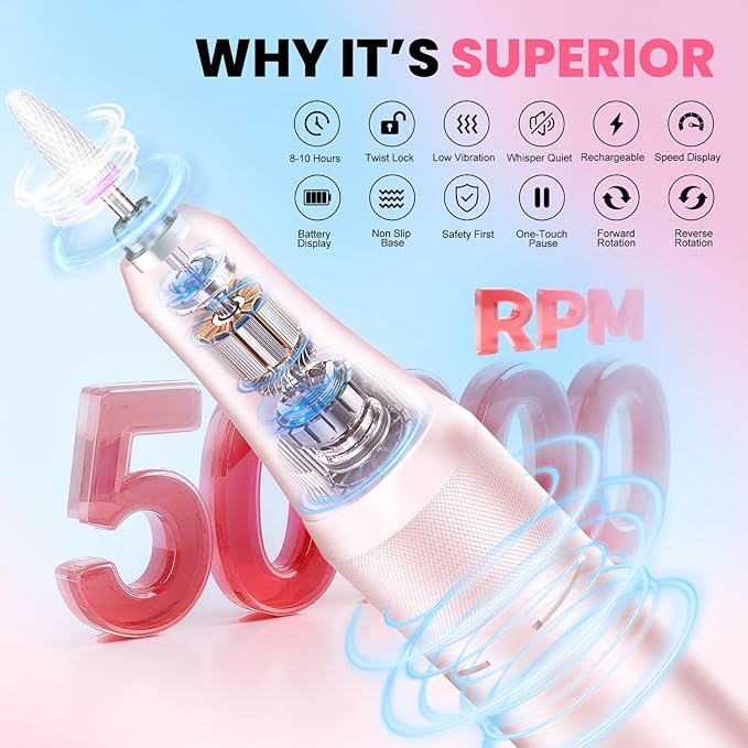 Nail Drill Professional, 50000RPM Rechargeable Cordless Electric Nail Kit with Bits & Anti-Slip Pad, Portable for Acrylic/Gel Removal & Faster Shaping, Manicure & Pedicure at Home or Salon