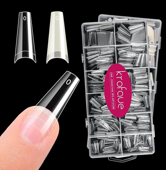 krofaue 1200PCS Coffin Nail Tips - Half Cover Nail Tips 12 Size False Nail Tips for Acrylic Nails Professional Manicure with Box for Artificial Fake Nail Tip Art Salon Home (Clear & Natural)
