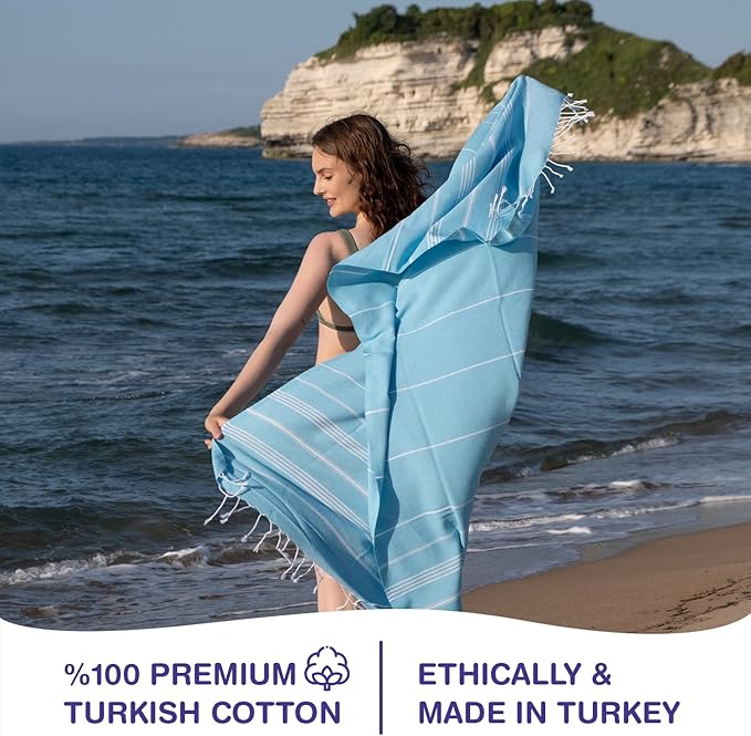 Turkish Beach Towels, Bulk Case of 24 | Oversized, Quick Dry, Sand Free | 100% Cotton, Large 38x71 Towels for Beach, Pool, Travel | Ultra-Soft, Compact, Absorbent | Turquoise