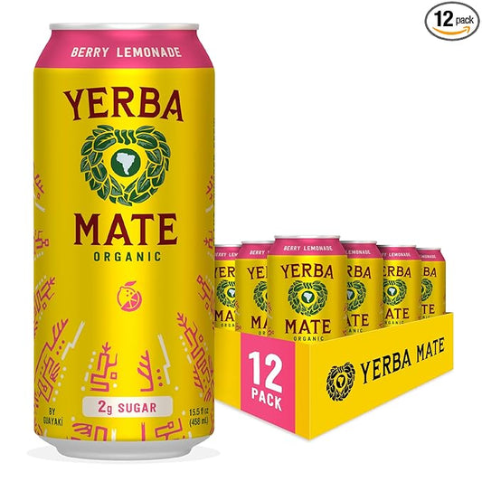 Yerba Madre Organic Yerba Mate, Energy Drink Alternative, Berry Lemonade, Low Sugar, 150mg Natural Caffeine, Better for You Energy & Focus, No Jitters or Crash, 15.5 Oz (Pack of 12) (Packaging May Vary)