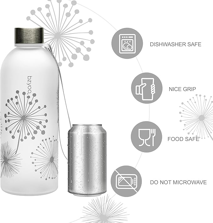 bzyoo 32oz 1 Liter Clear Water Bottle with Time Marker, Dandelion Design, Durable Plastic, BPA-Free, Reusable with Measurement Markings for Fitness and Outdoor Activities (Color: Silver)