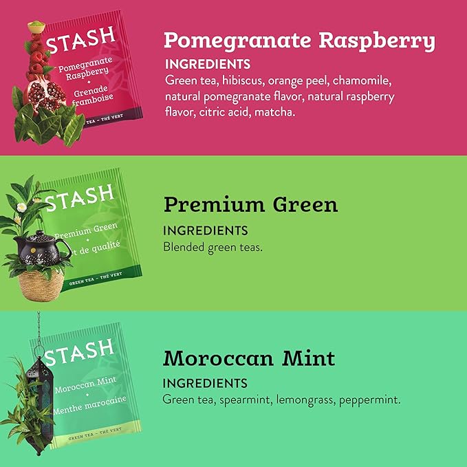 STASH Green Tea Variety Pack – Caffeinated, 6 Boxes of 18-20 Tea Bags Each – Pomegranate Raspberry, Premium Green, Moroccan Mint, Ginger Peach, Chai Green & Asian Pear Harmony